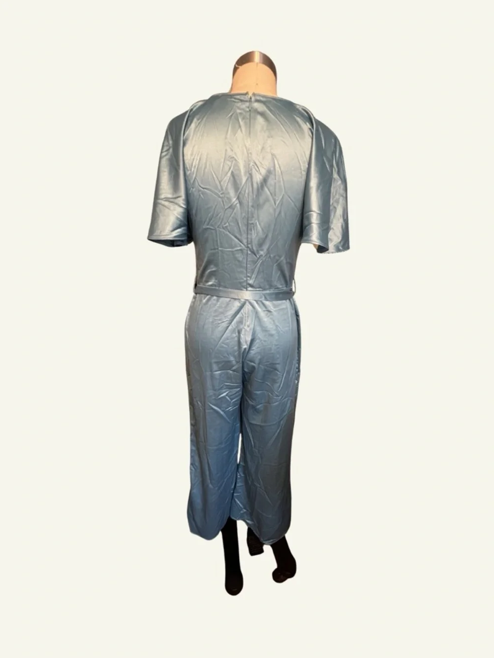VENUS Satin V‑Neck Short Sleeve Jumpsuit in Light Blue - Picture 5 of 5